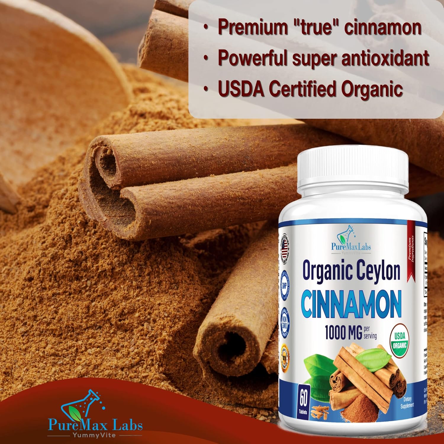 Certified Organic Ceylon Cinnamon Tablets - 1000mg per Serving, Antioxidant Supplement, Fast Absorption - 60 Tablets