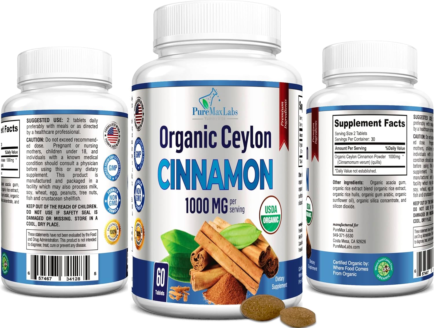 Certified Organic Ceylon Cinnamon Tablets - 1000mg per Serving, Antioxidant Supplement, Fast Absorption - 60 Tablets