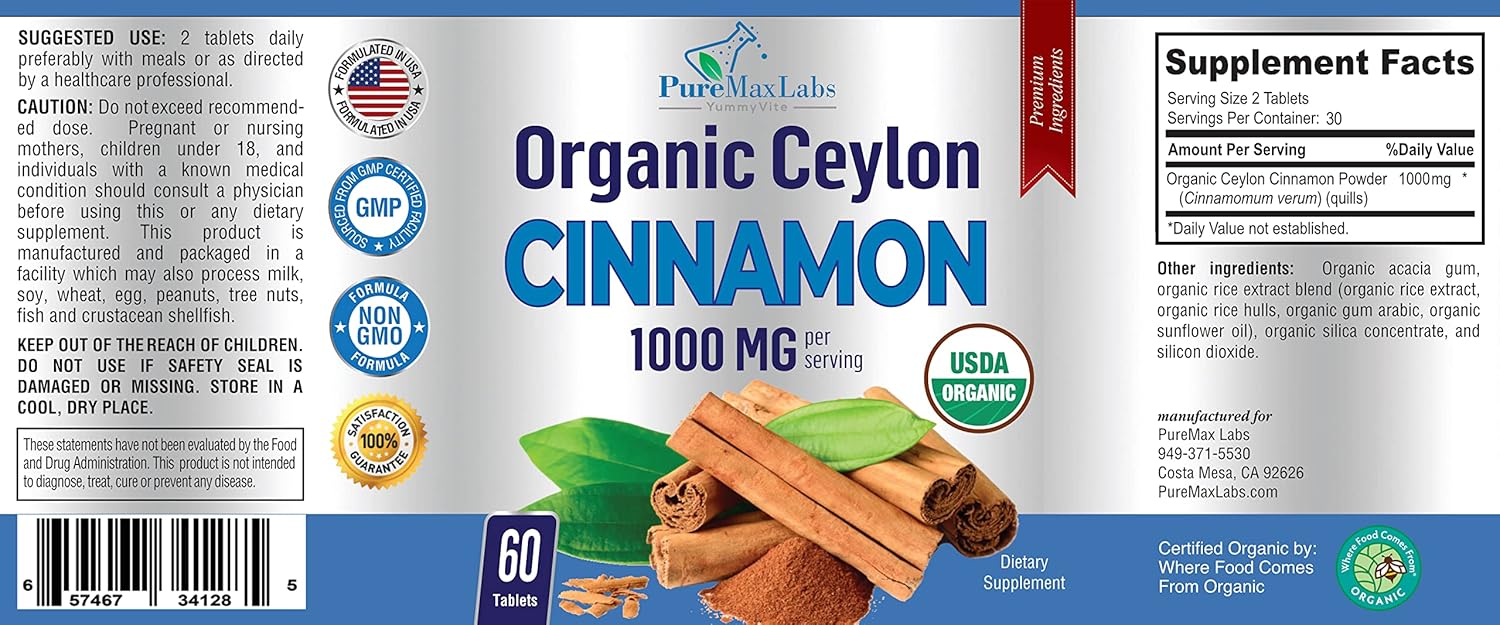 Certified Organic Ceylon Cinnamon Tablets - 1000mg per Serving, Antioxidant Supplement, Fast Absorption - 60 Tablets
