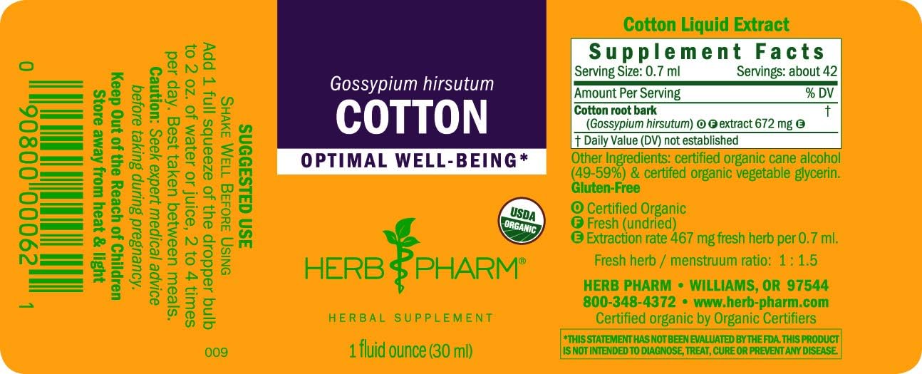 Certified Organic Cotton Root Liquid Extract by Herb Pharm - 1 Fl Oz