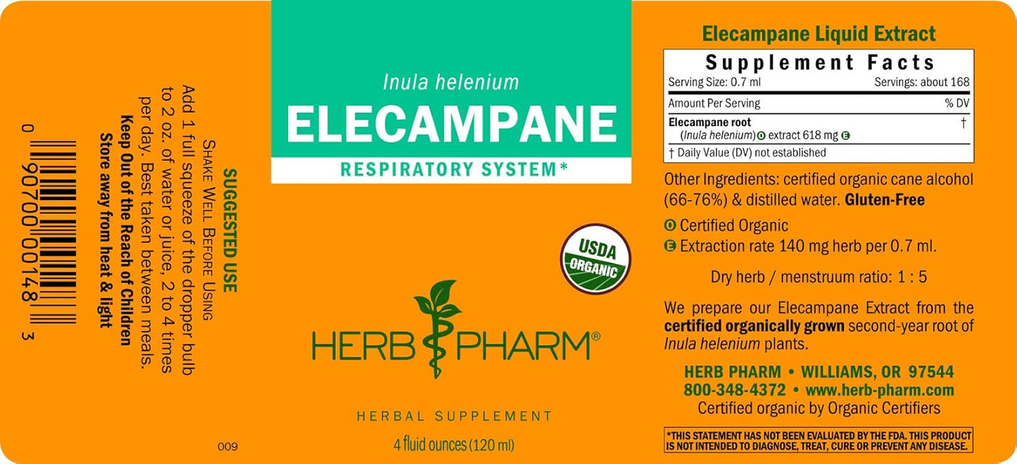 Certified Organic Elecampane Liquid Extract for Respiratory Support - 4 oz Bottle by Herb Pharm