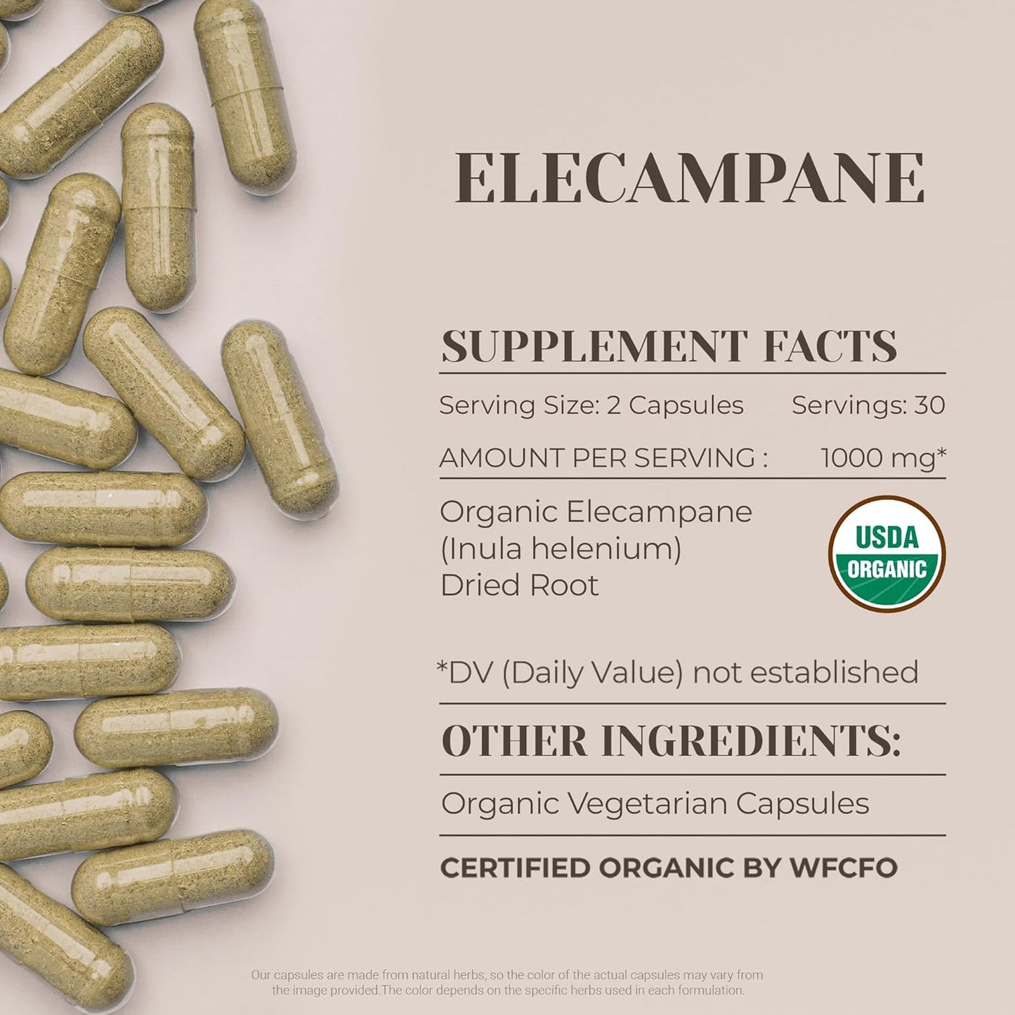 Certified Organic Elecampane Root Capsules - High-Potency Natural Supplement - USDA Organic Vegetarian Formula with Dried Inula Helenium Root - 60 Capsules