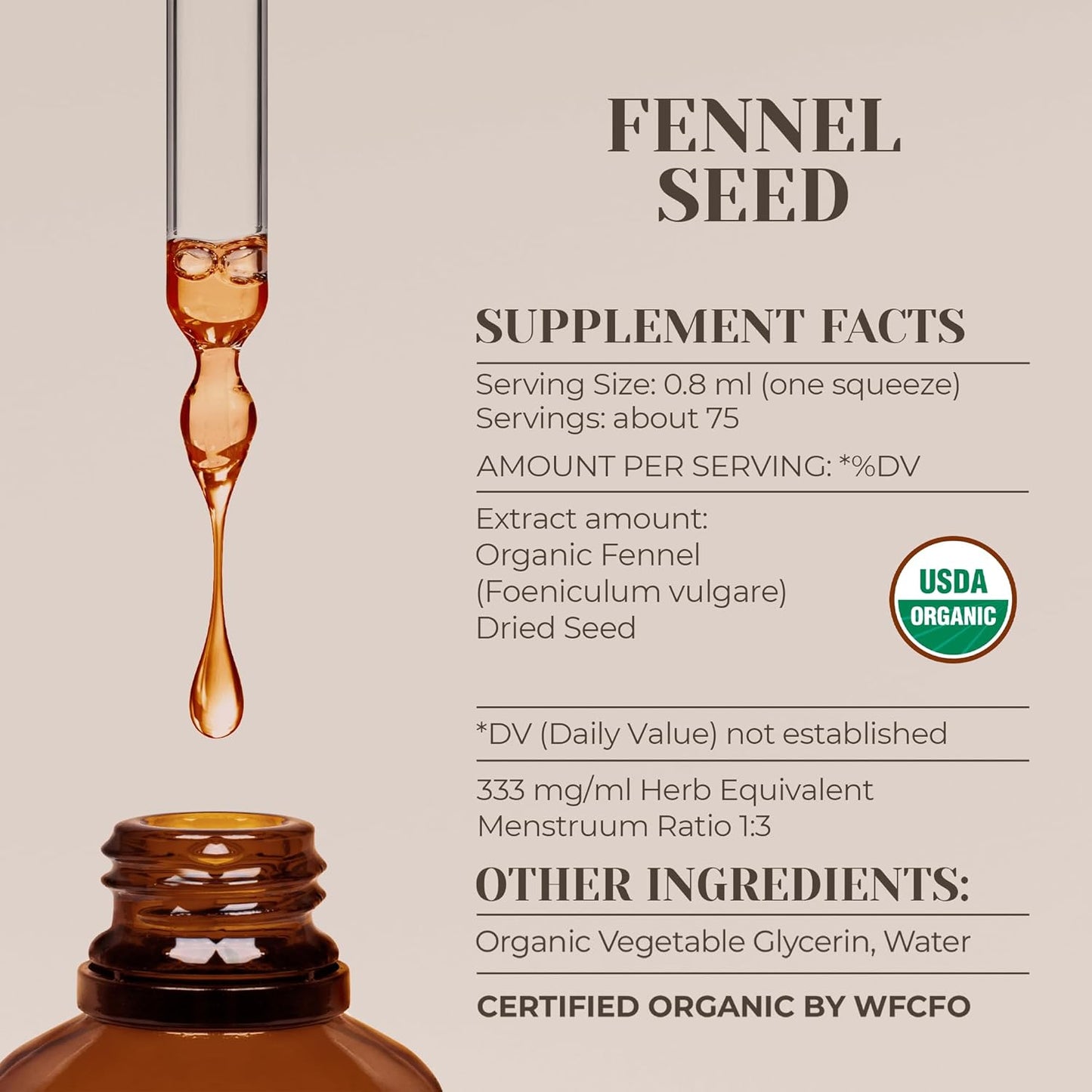 Certified Organic Fennel Seed Extract Tincture - High-Potency Dietary Supplement - Alcohol-Free - 2oz Bottle