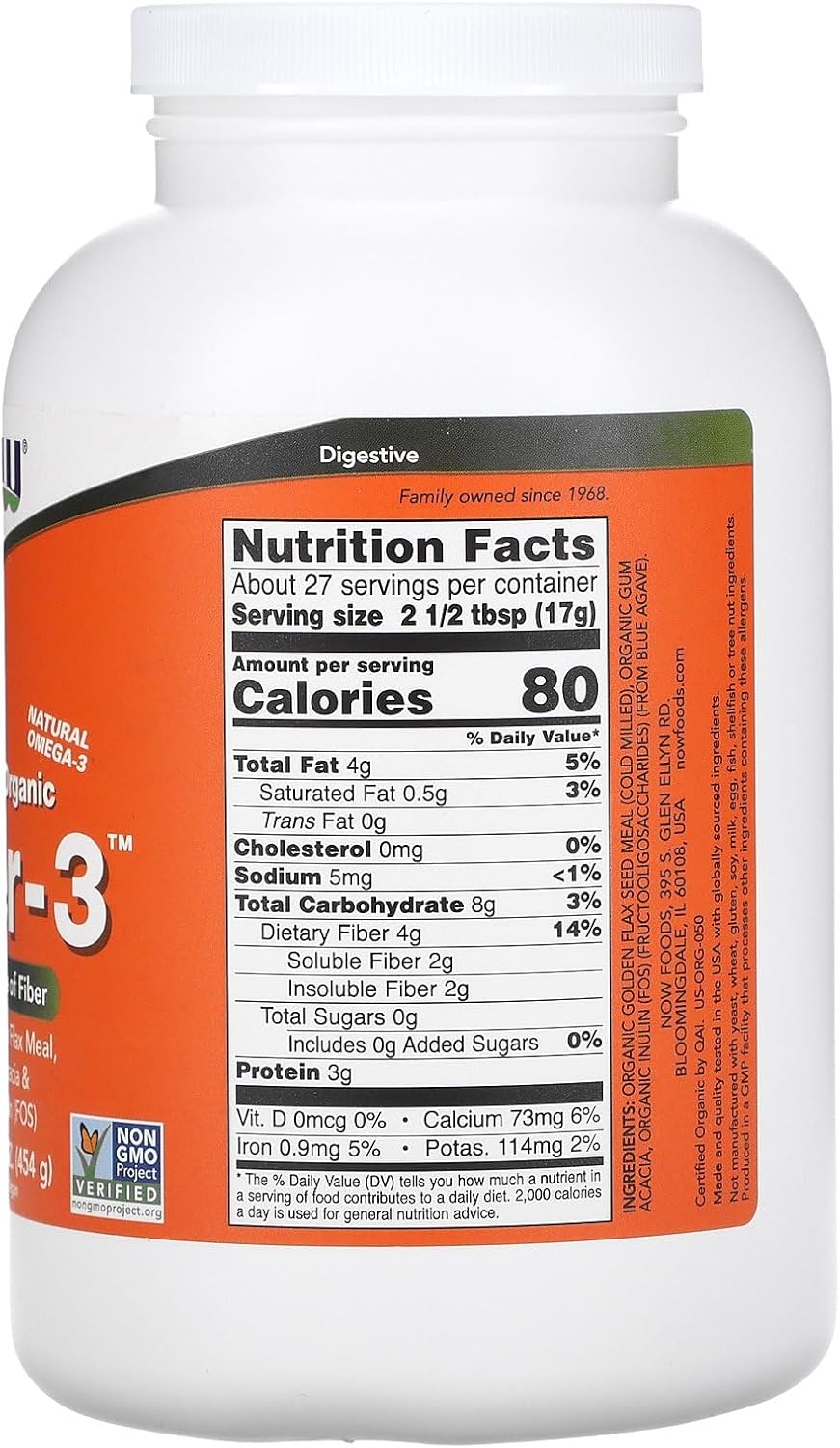 Certified Organic Fiber-3 Supplement with Golden Flax Meal - Non-GMO Project Verified - 16-Ounce Jar