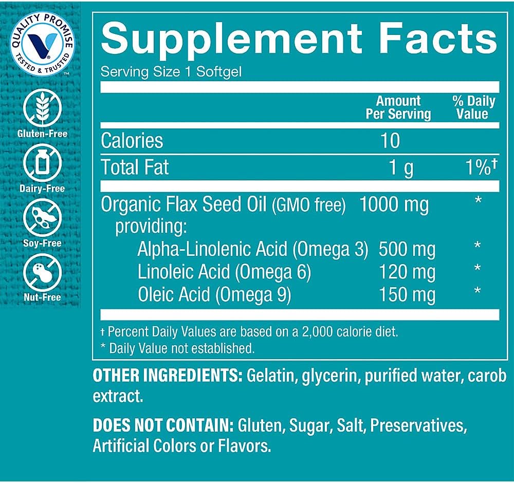 Certified Organic Flax Seed Oil Softgels - 1,000MG Essential Fatty Acid for Cardiovascular Health, Cold Pressed & Pesticide Free - 120 Count