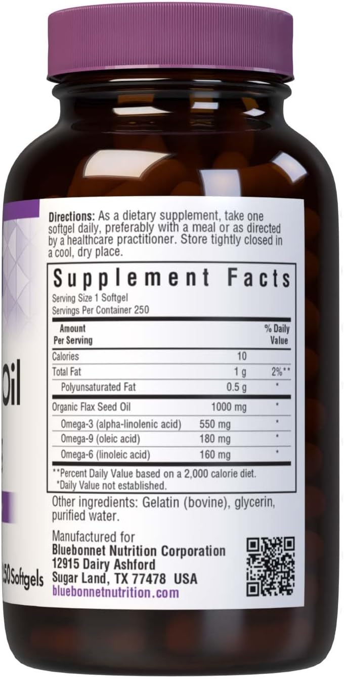 Certified Organic Flax Seed Oil Softgels - 250 Count, 1000 mg - Bluebonnet Nutrition