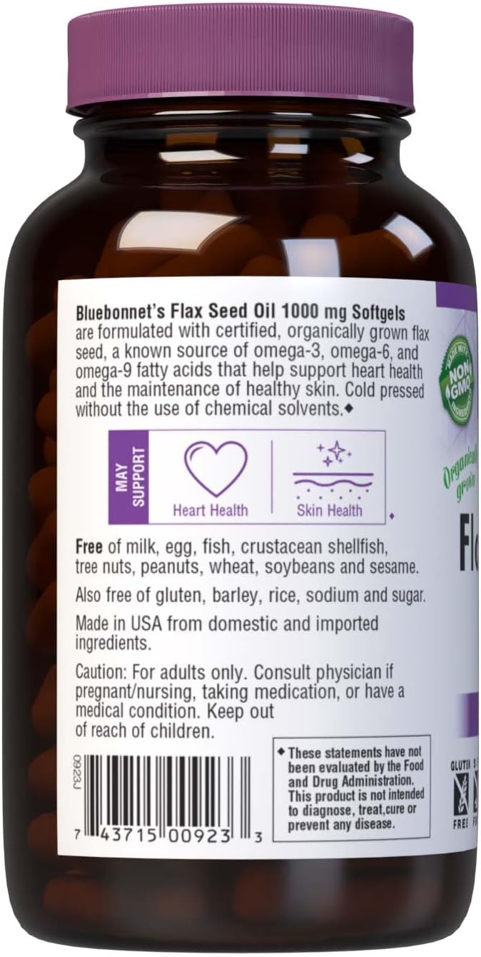 Certified Organic Flax Seed Oil Softgels - 250 Count, 1000 mg - Bluebonnet Nutrition