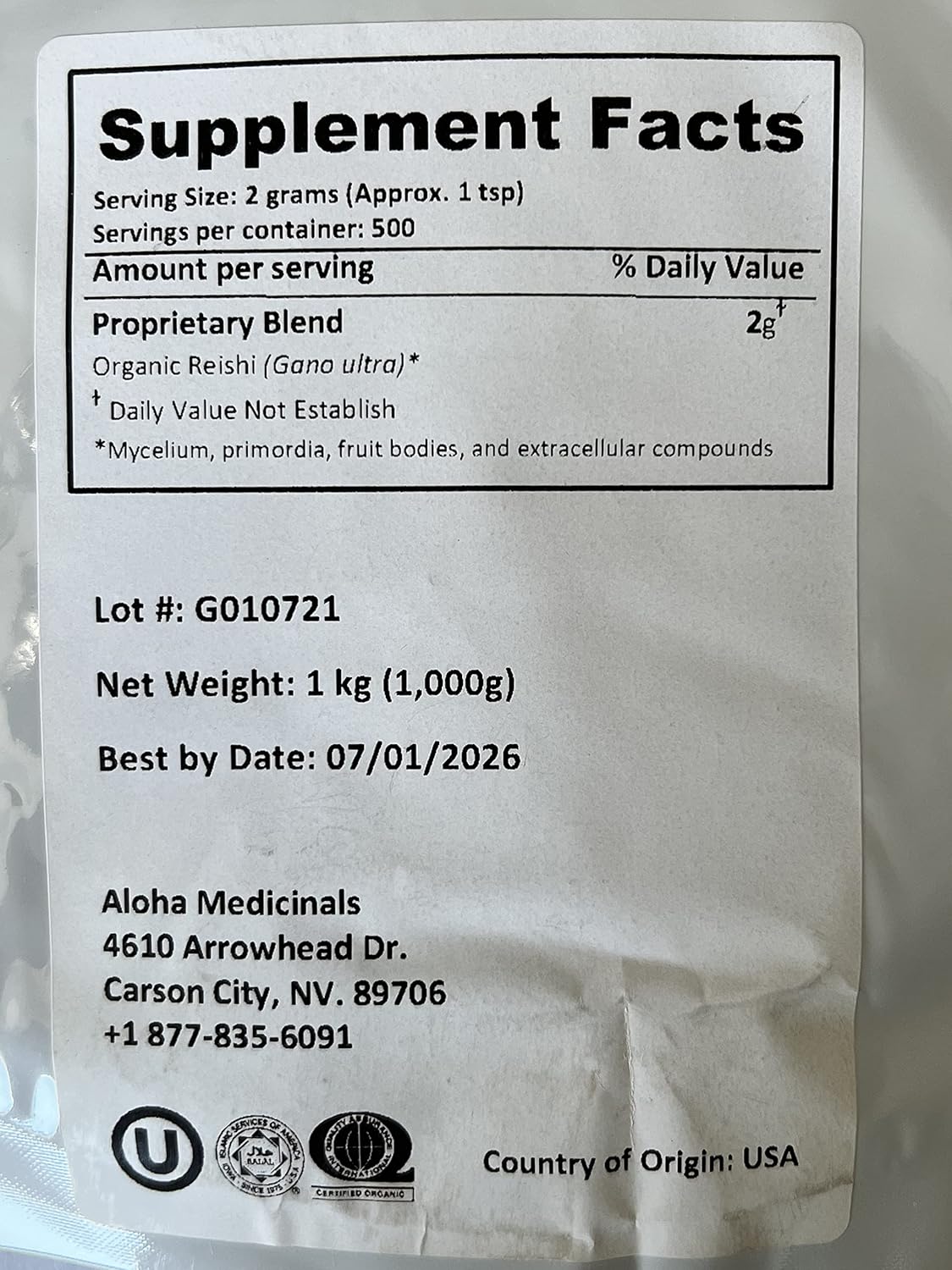 Certified Organic Gano Ultra Mushroom Supplement - 1 kg Powder Bag for Natural Health