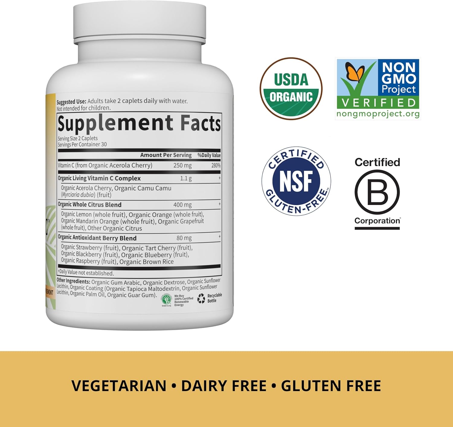 Certified Organic Garden of Life Vitamin C with Antioxidants & Citrus Bioflavonoids - Non-GMO Whole Food Supplement, 60 Count