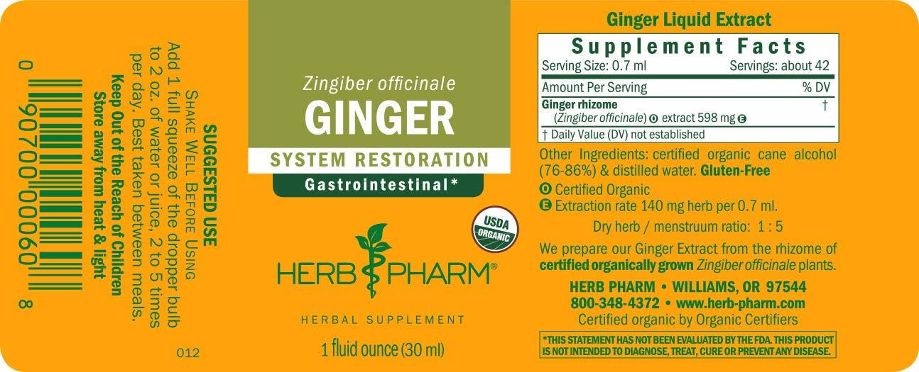 Certified Organic Ginger Liquid Extract for Digestive Support - 1 Ounce by Herb Pharm