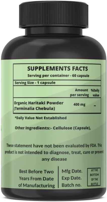 Certified Organic Haritaki Powder Capsules for Digestive Support - 400mg, 60 Pack
