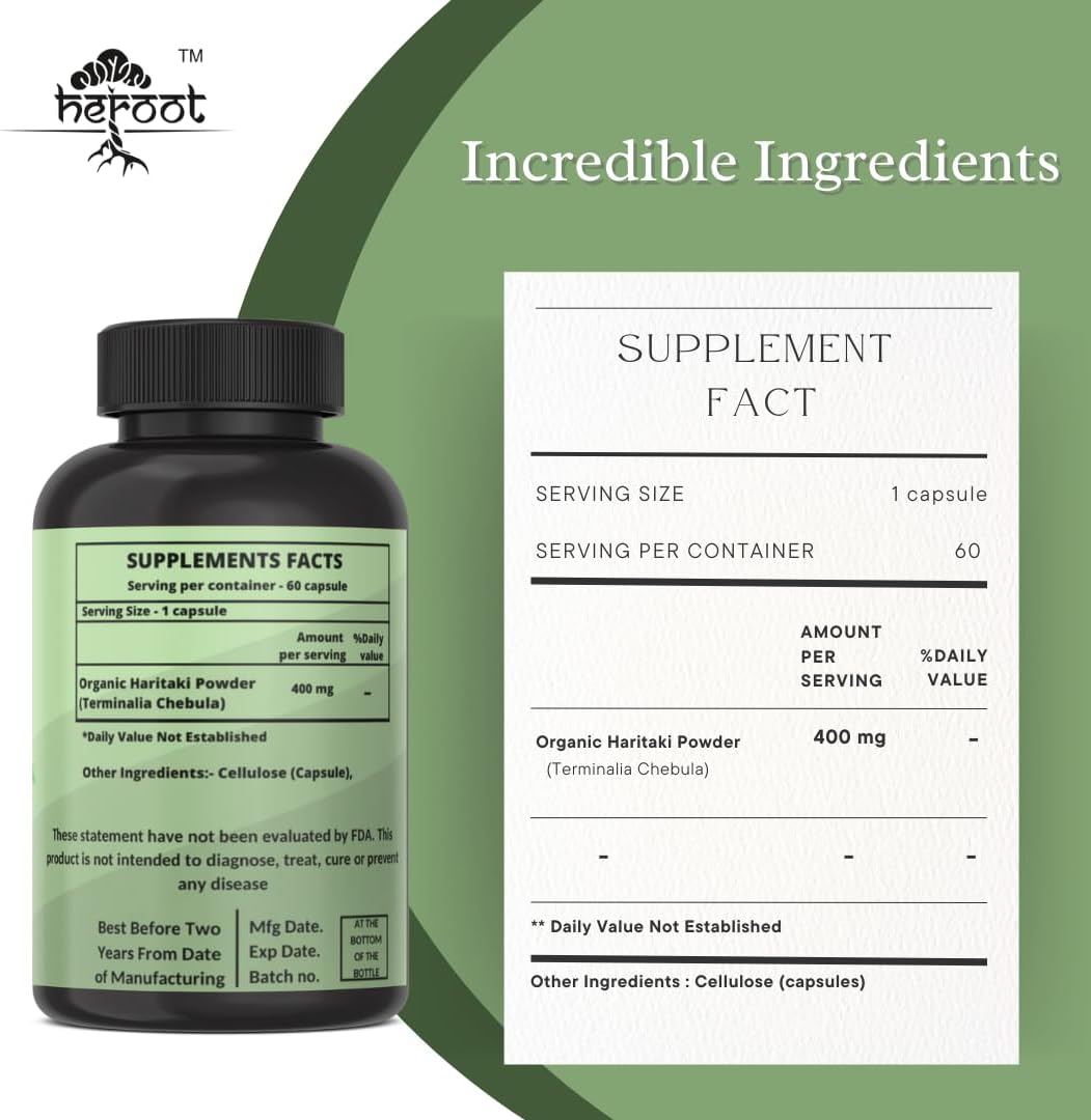 Certified Organic Haritaki Powder Capsules for Digestive Support - 400mg, 60 Pack