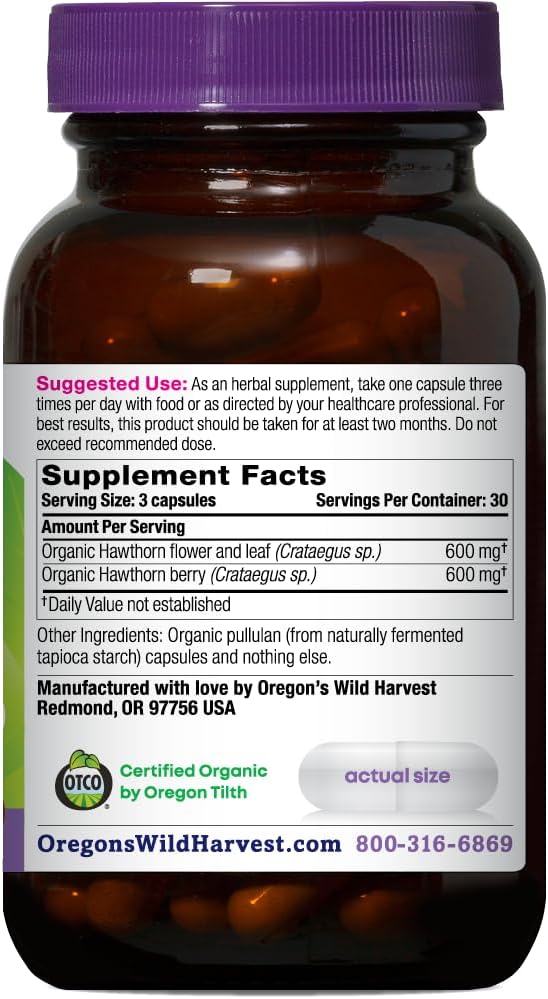 Certified Organic Hawthorn Capsules by Oregon's Wild Harvest - 1200mg, 90 Count for Natural Health