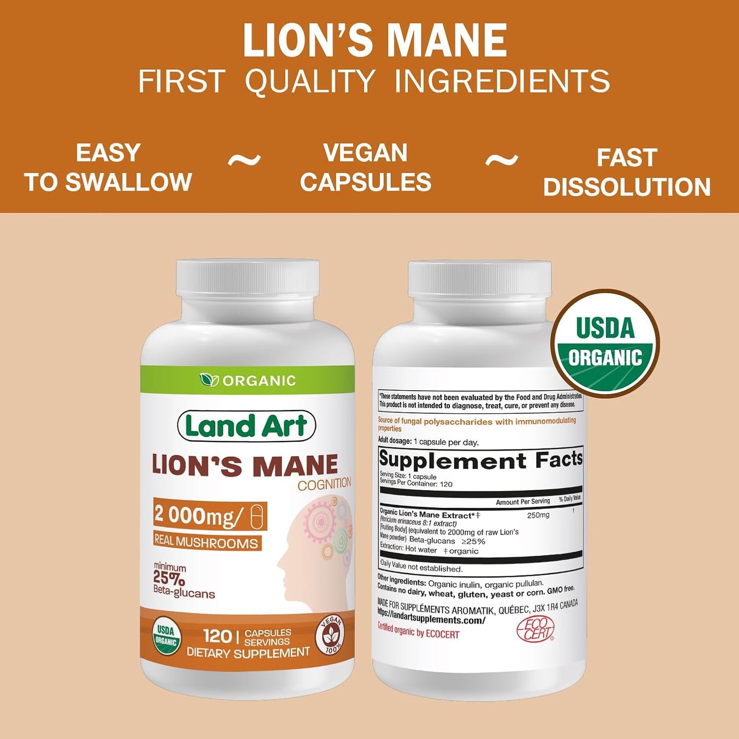 Certified Organic Lion's Mane Extract - 2000mg - 120 Days Supply - Cognitive Support & Mental Clarity - Multiple Extraction Formula