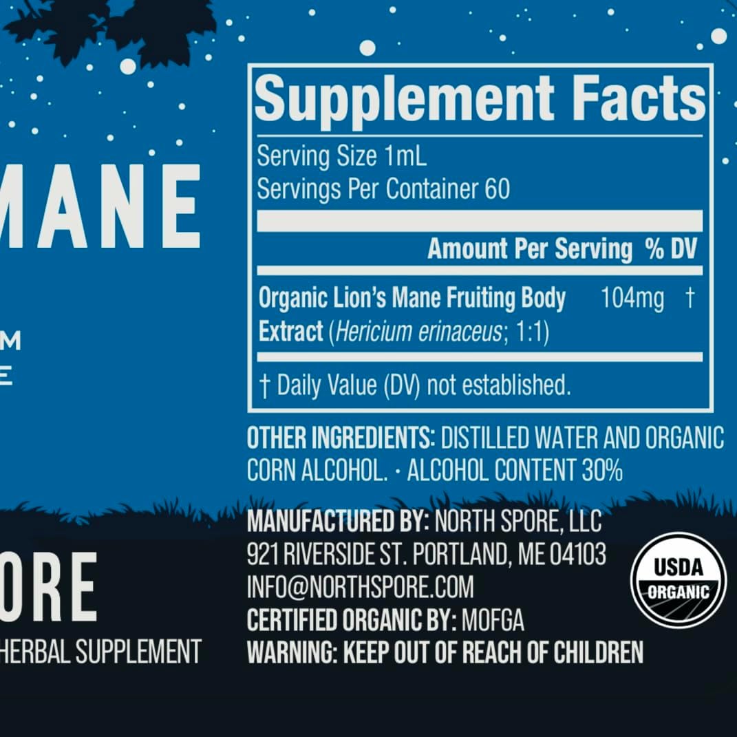 Certified Organic Lion's Mane Mushroom Tincture (2 oz) | USA-Made Fruiting Body Extract | Boost Focus & Memory | Vegan & Non-GMO | Adaptogenic Nootropic