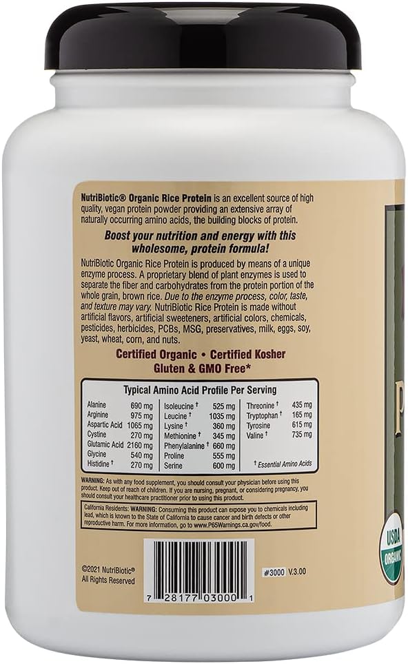 Certified Organic Low Carb Vegan Rice Protein Powder, 21 oz | Raw, Kosher & Keto | Chemical-Free & Gluten-Free | Digestible