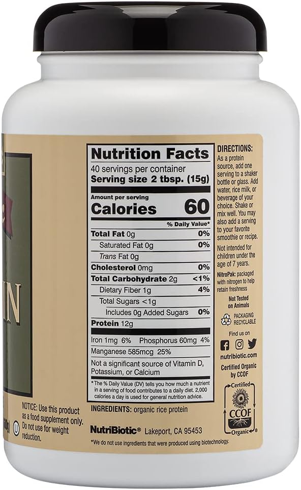 Certified Organic Low Carb Vegan Rice Protein Powder, 21 oz | Raw, Kosher & Keto | Chemical-Free & Gluten-Free | Digestible