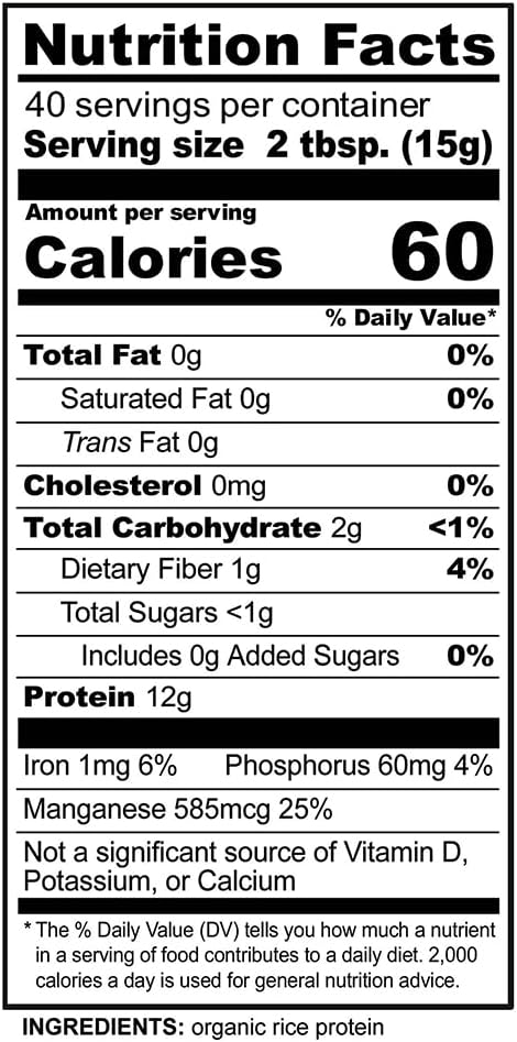 Certified Organic Low Carb Vegan Rice Protein Powder, 21 oz | Raw, Kosher & Keto | Chemical-Free & Gluten-Free | Digestible