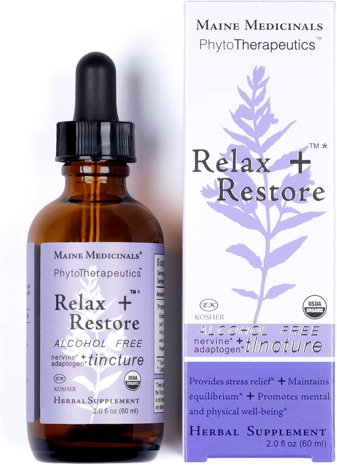 Certified Organic Maine Medicinals Relax + Restore Herbal Stress Support - Alcohol-Free Blend with Nervines and Adaptogens for Healthy Calm - 2 fl oz