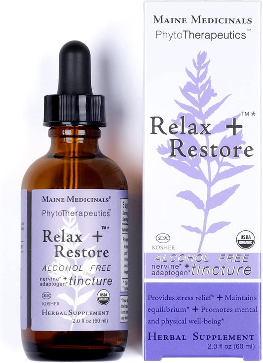 Certified Organic Maine Medicinals Relax + Restore Herbal Stress Support - Alcohol-Free Blend with Nervines and Adaptogens for Healthy Calm - 2 fl oz