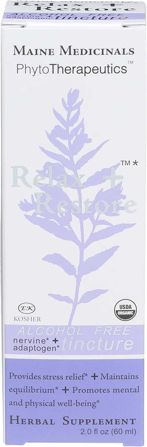 Certified Organic Maine Medicinals Relax + Restore Herbal Stress Support - Alcohol-Free Blend with Nervines and Adaptogens for Healthy Calm - 2 fl oz