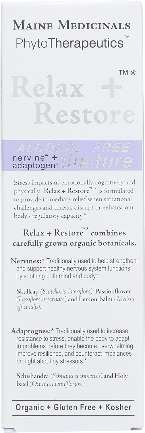 Certified Organic Maine Medicinals Relax + Restore Herbal Stress Support - Alcohol-Free Blend with Nervines and Adaptogens for Healthy Calm - 2 fl oz