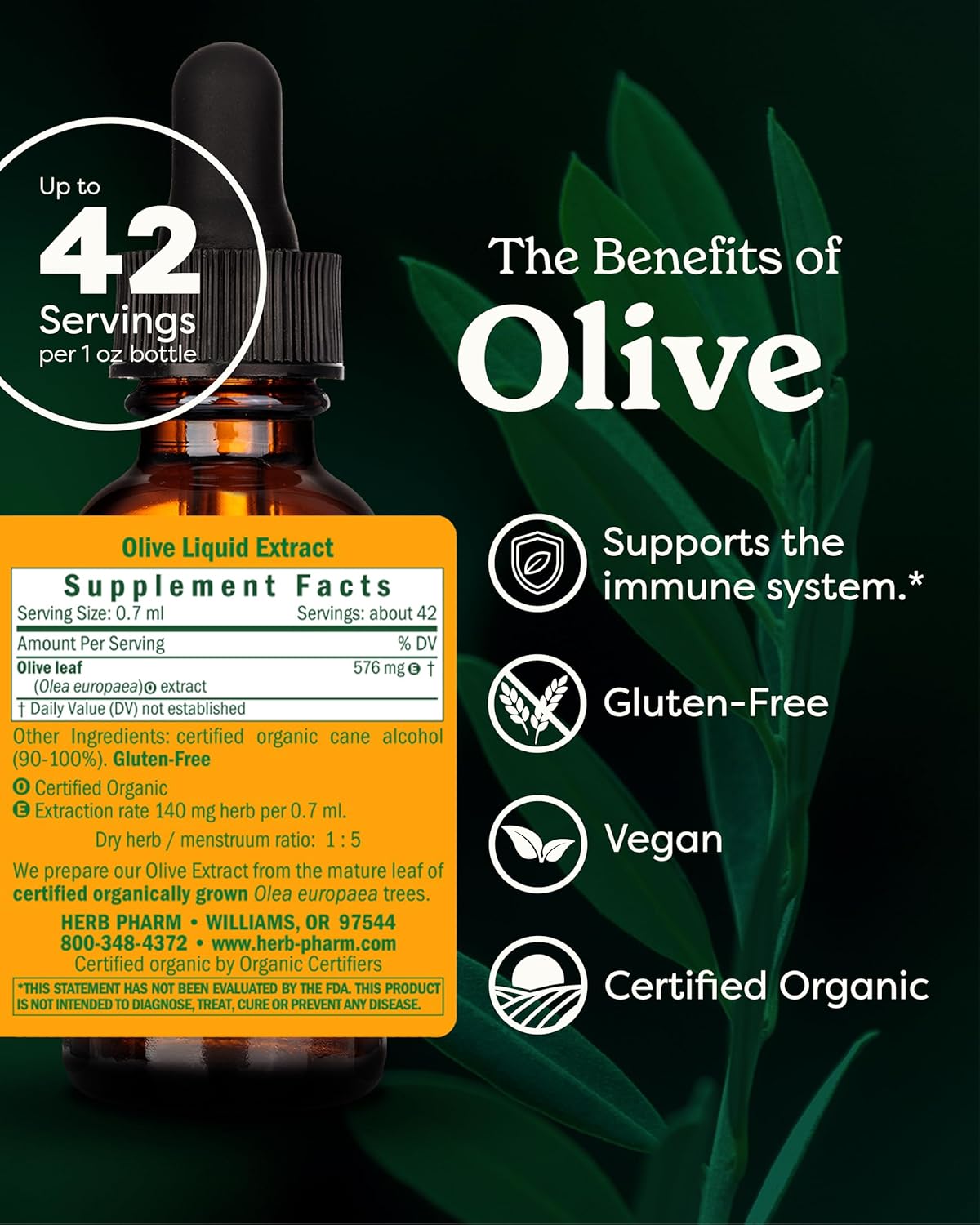 Certified Organic Olive Leaf Liquid Extract - Immune System Support - 1oz