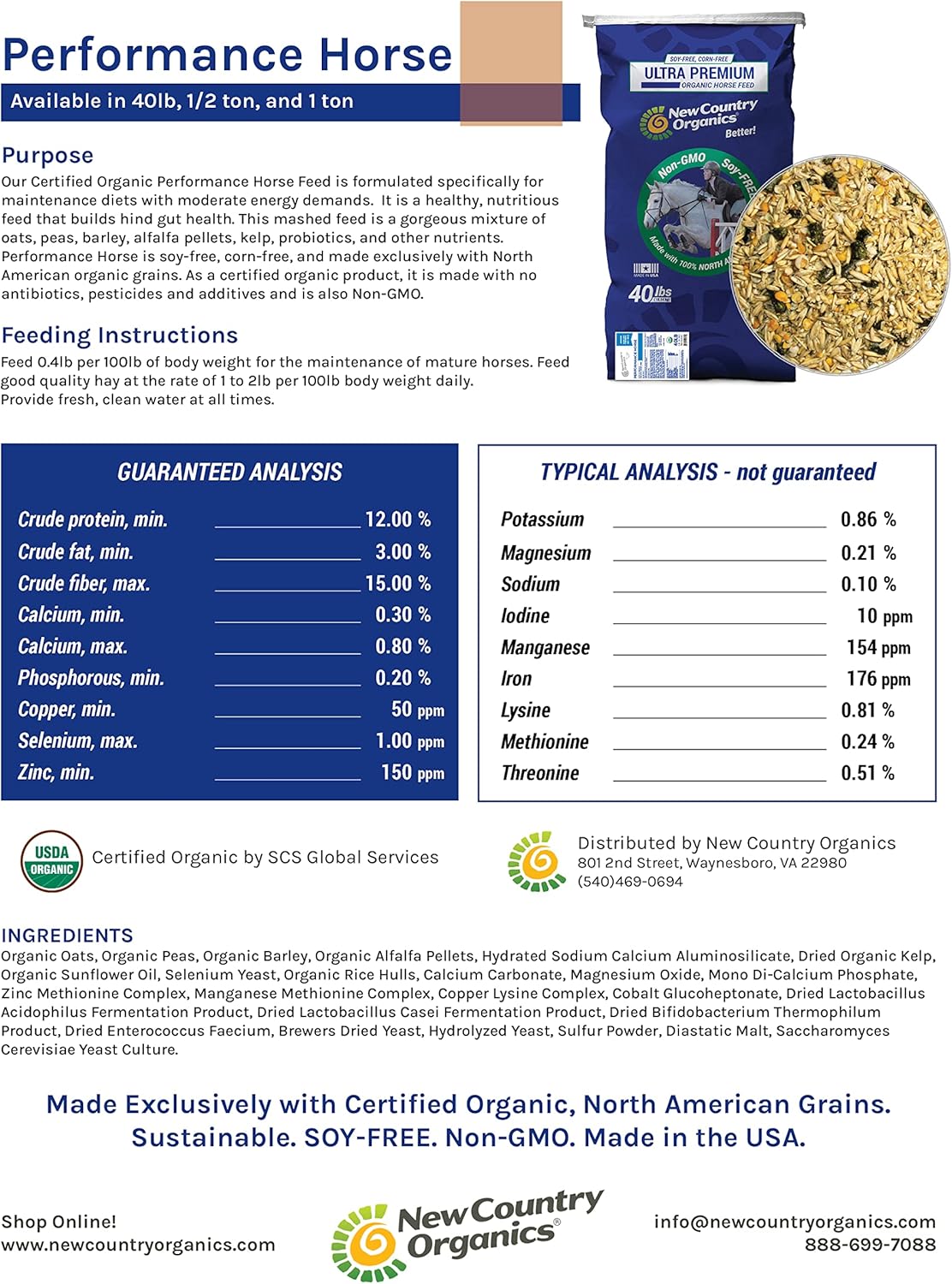 Certified Organic Performance Horse Feed with 12% Protein - Corn-Free and Soy-Free - 40 lbs Horse Feeder with Grains and Oats - Ideal for Horses in Light to Moderate Work