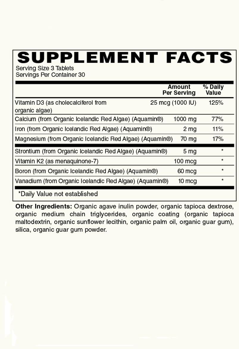 Certified Organic Plant Calcium Supplement with Icelandic Red Algae and Essential Vitamins & Minerals | Vegan Tablets | 90 Count