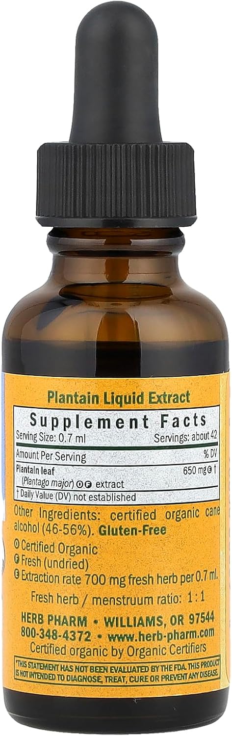 Certified Organic Plantain Liquid Extract for Cleansing and Detox - 1 oz Bottle by Herb Pharm