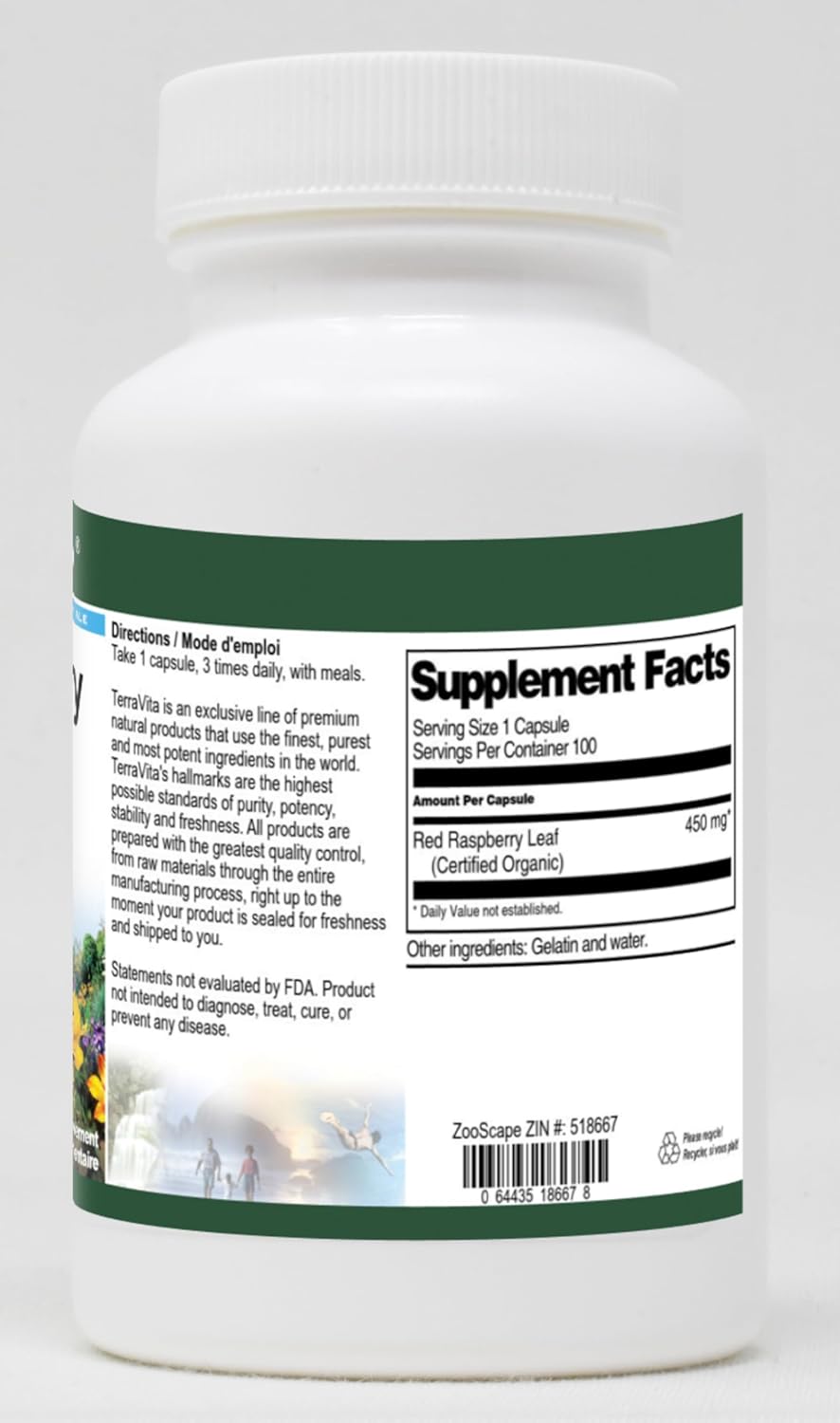 Certified Organic Red Raspberry Leaf Capsules - 450 mg (100 Count) by Terravita