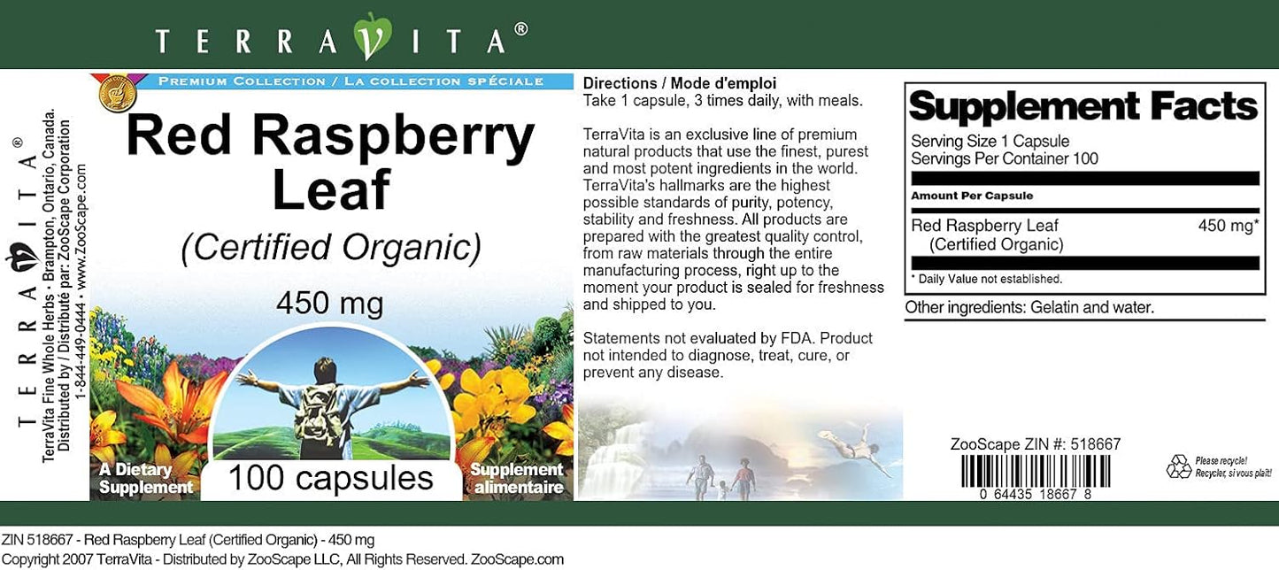Certified Organic Red Raspberry Leaf Capsules - 450 mg (100 Count) by Terravita