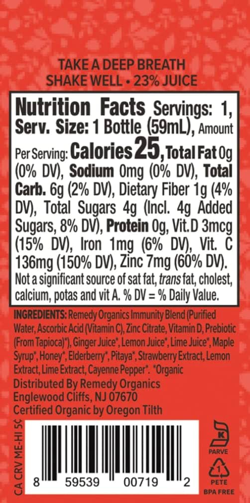 Certified-Organic Remedy Organics Immunity Plus Shots 24-Pack | Energy Boost, Brain Function, Detox, and Metabolism Support