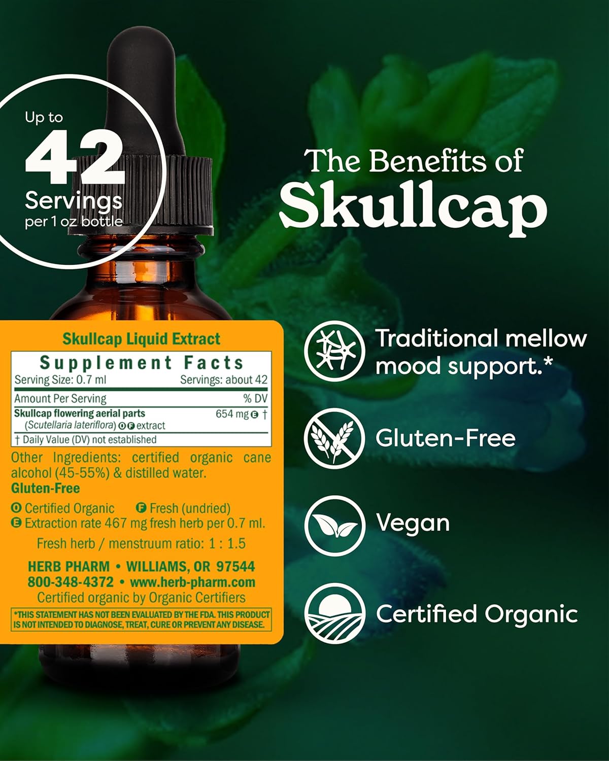 Certified Organic Skullcap Liquid Extract - Nervous System Support - 1oz.