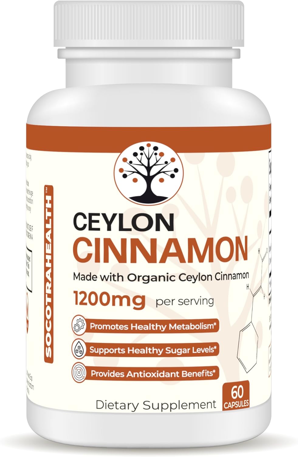 Certified Organic Socotra Health Ceylon Cinnamon Capsules - Non-GMO, Gluten Free, Antioxidant Benefits, Healthy Metabolism Support, Natural Energy Supplement - 60 Vegan Capsules
