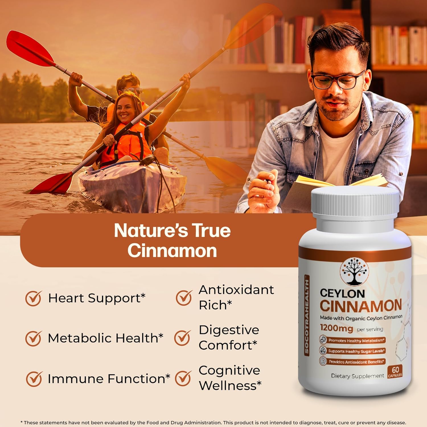 Certified Organic Socotra Health Ceylon Cinnamon Capsules - Non-GMO, Gluten Free, Antioxidant Benefits, Healthy Metabolism Support, Natural Energy Supplement - 60 Vegan Capsules