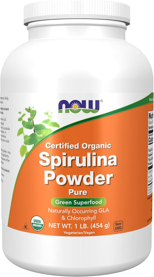 Certified Organic Spirulina Powder by NOW Foods - High in Beta-Carotene, B-12, GLA, and Chlorophyll - 1lb