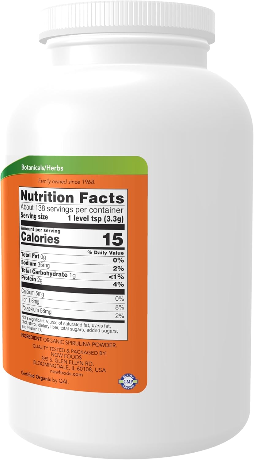 Certified Organic Spirulina Powder by NOW Foods - High in Beta-Carotene, B-12, GLA, and Chlorophyll - 1lb