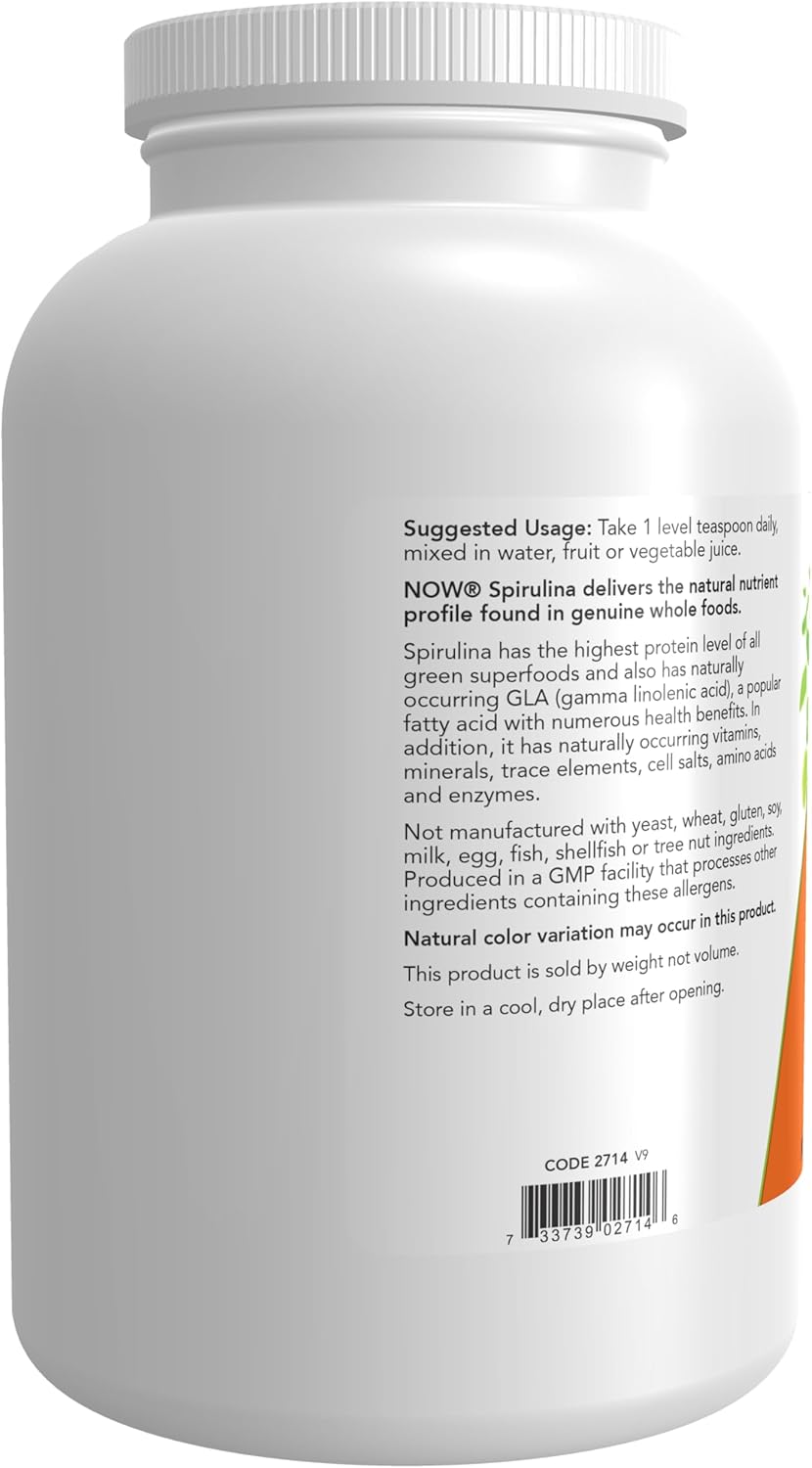 Certified Organic Spirulina Powder by NOW Foods - High in Beta-Carotene, B-12, GLA, and Chlorophyll - 1lb