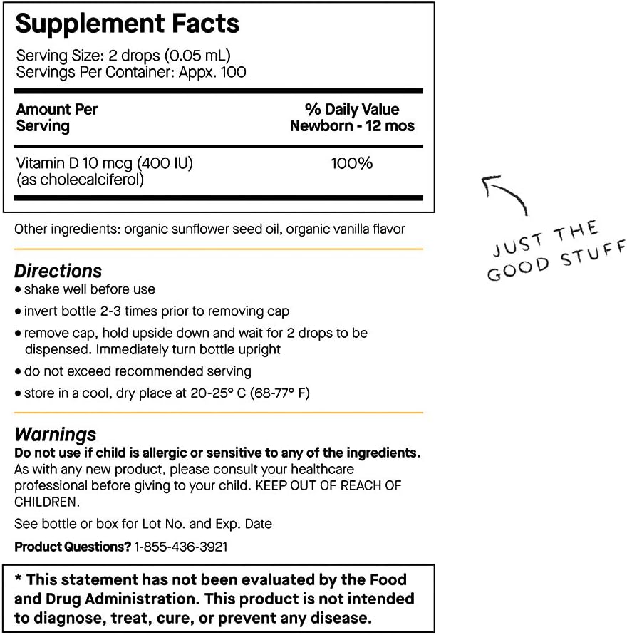 Certified Organic Vanilla Flavor Vitamin D Liquid Drops for Infants, Babies & Toddlers | Supports Growth & Bone Development | Gluten-Free & Non-GMO | 90 Servings