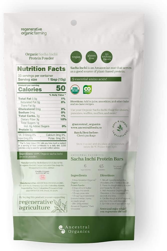 Certified Organic Vegan Protein Powder with Sacha Inchi - 17g Plant Based Protein - Gluten, Dairy, and Sugar Free - Nutrient Rich and Highly Digestible - 1.1lb