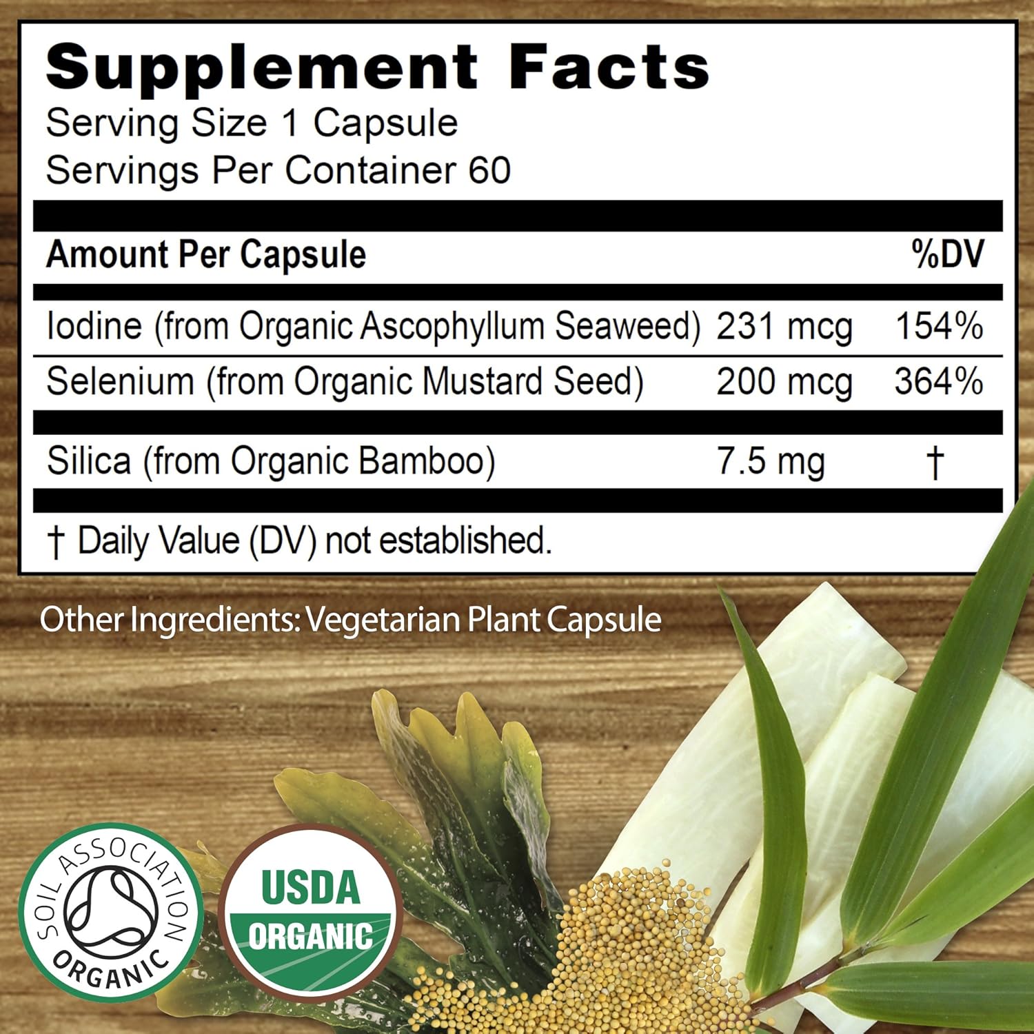 Certified Organic Whole Foods Selenium with Iodine and Silica - 200 mcg - Two Month Supply