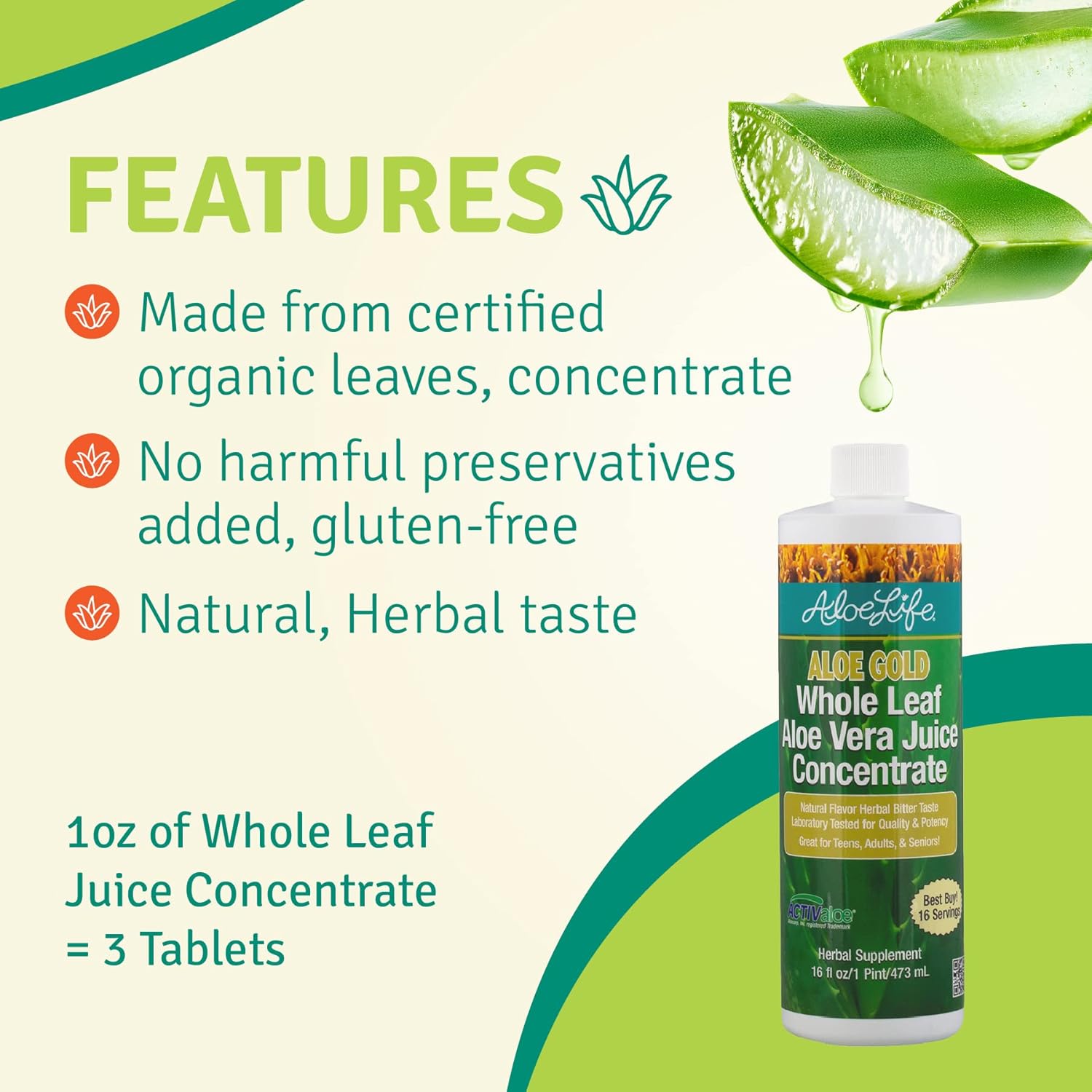 Certified Organic Whole Leaf Aloe Vera Juice with Trace Minerals - Gluten-Free (16 oz)