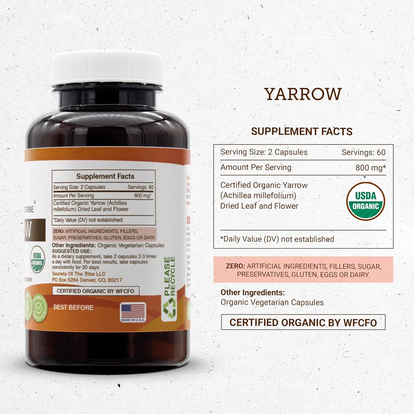 Certified Organic Yarrow Capsules by Secrets of the Tribe - 120 Vegetarian Capsules with Achillea millefolium Dried Leaf and Flower
