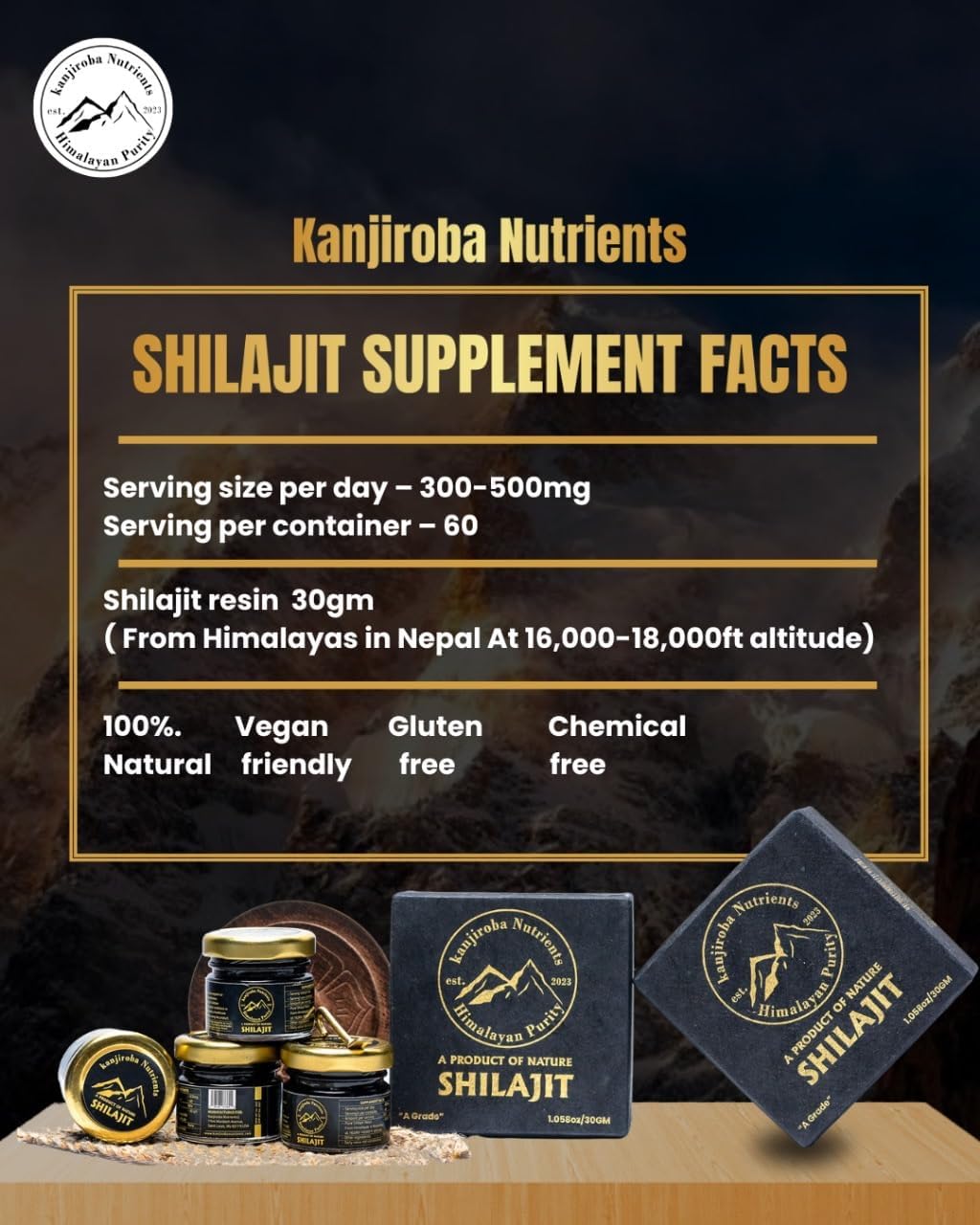 Certified Pure Kanjiroba Nutrients Himalayan Shilajit Resin - 85+ Minerals, 75%+ Fulvic Acid, 500mg, Grade A - 30g Pack, Lab Tested Report