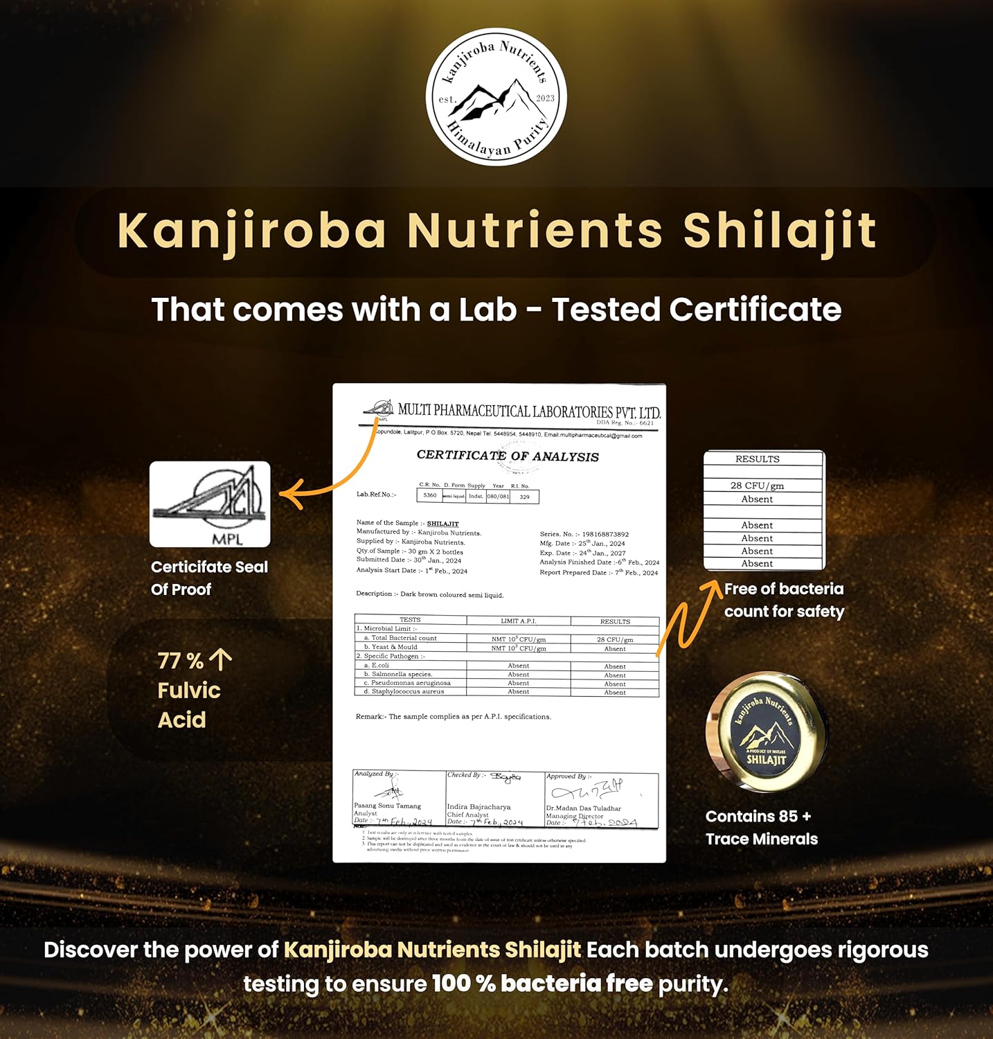 Certified Pure Kanjiroba Nutrients Himalayan Shilajit Resin - 85+ Minerals, 75%+ Fulvic Acid, 500mg, Grade A - 30g Pack, Lab Tested Report