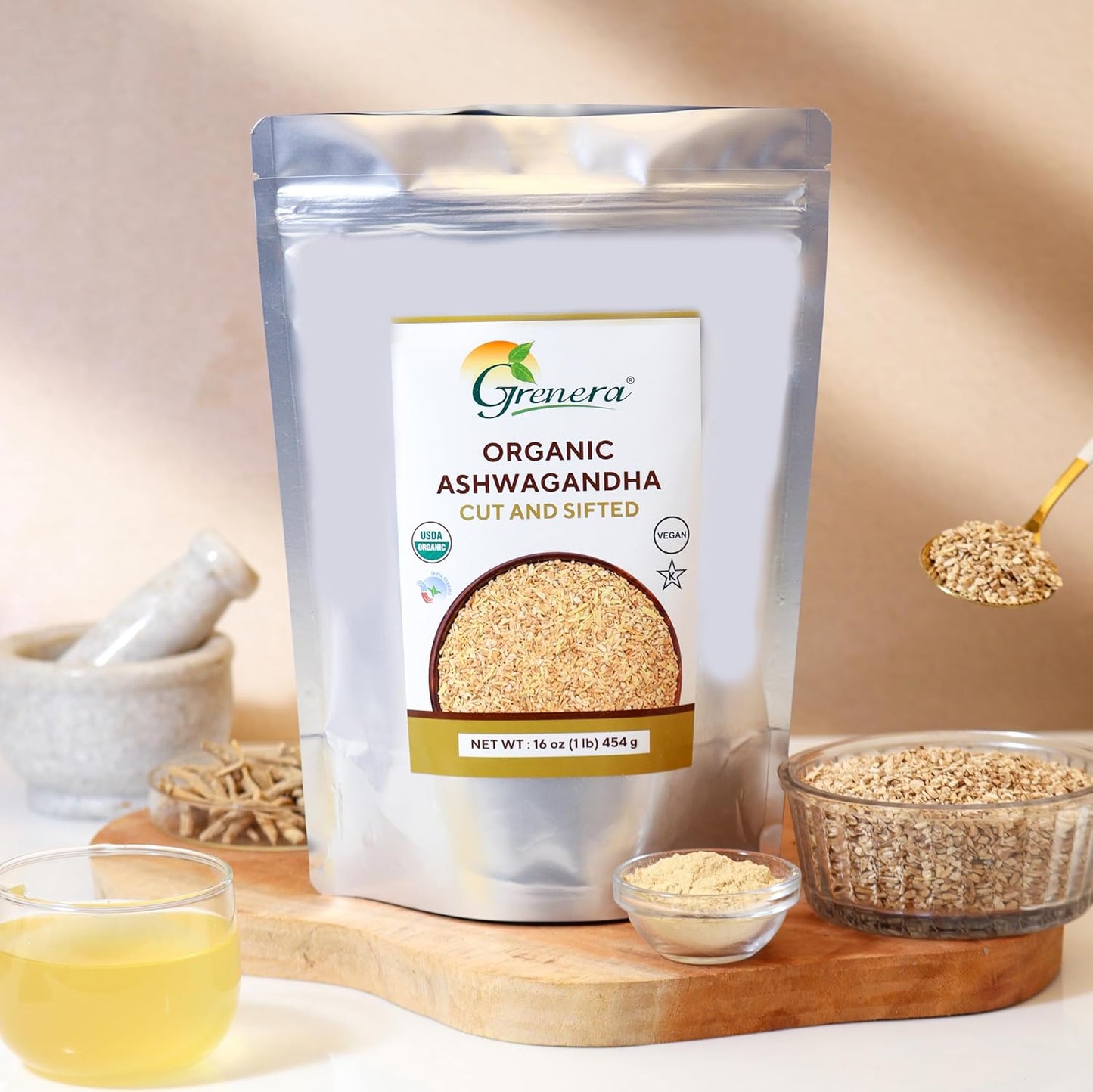 Certified USDA Organic Ashwagandha Root C&S 8 oz - Best for Herbal Tea - Withania Somnifera 3-5mm Size