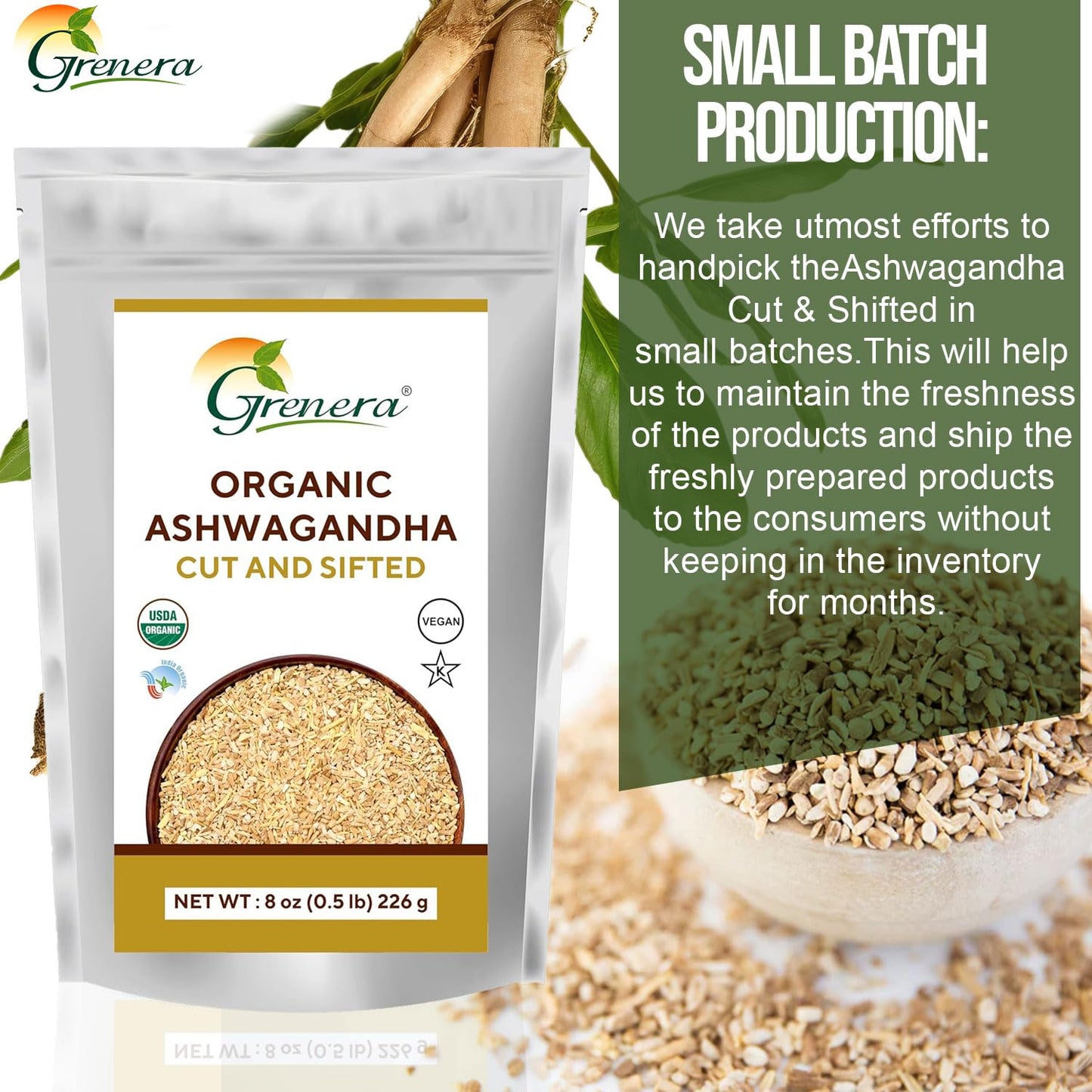 Certified USDA Organic Ashwagandha Root C&S 8 oz - Best for Herbal Tea - Withania Somnifera 3-5mm Size