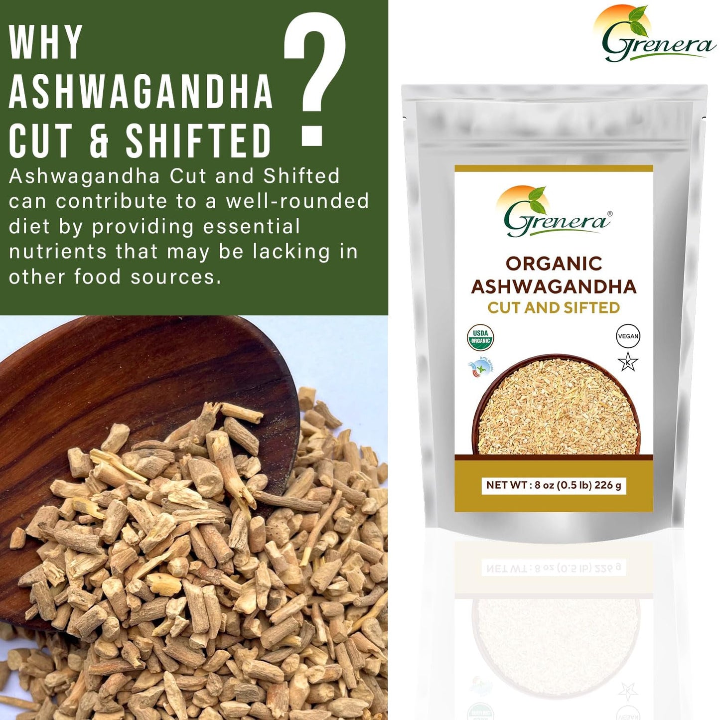Certified USDA Organic Ashwagandha Root C&S 8 oz - Best for Herbal Tea - Withania Somnifera 3-5mm Size