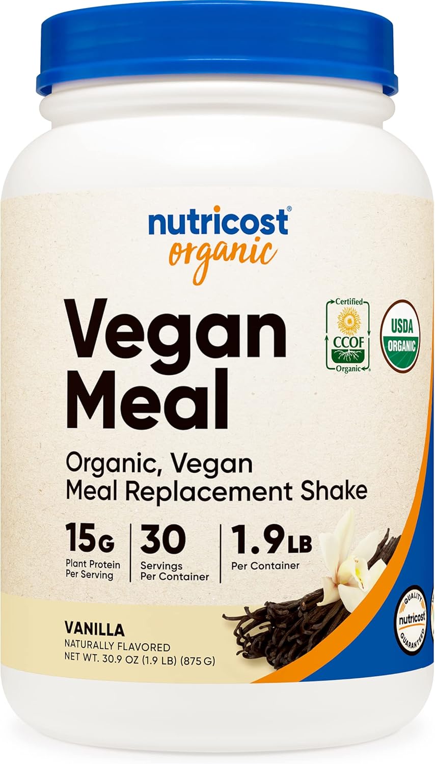Certified USDA Organic Vanilla Vegan Meal Replacement Shake Powder - Nutricost Organic, Gluten Free Formula